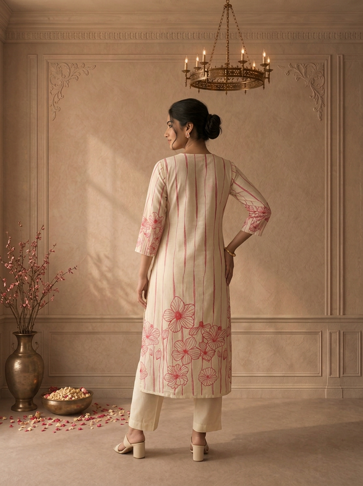 Pink Cotton Line Art Floral Printed Three Piece Set