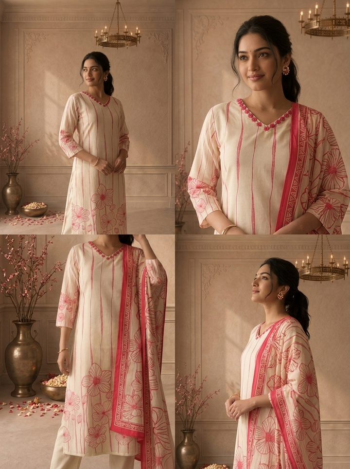Pink Cotton Line Art Floral Printed Three Piece Set