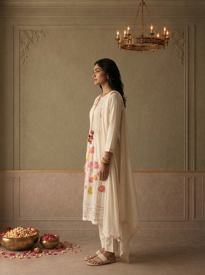 Cream Cotton Multicolor Lotus Floral Embroidered Three Piece Set