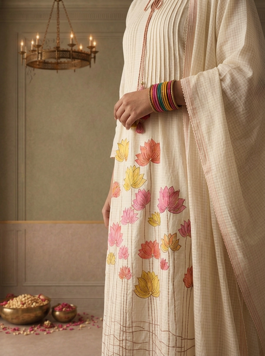 Cream Cotton Multicolor Lotus Floral Embroidered Three Piece Set