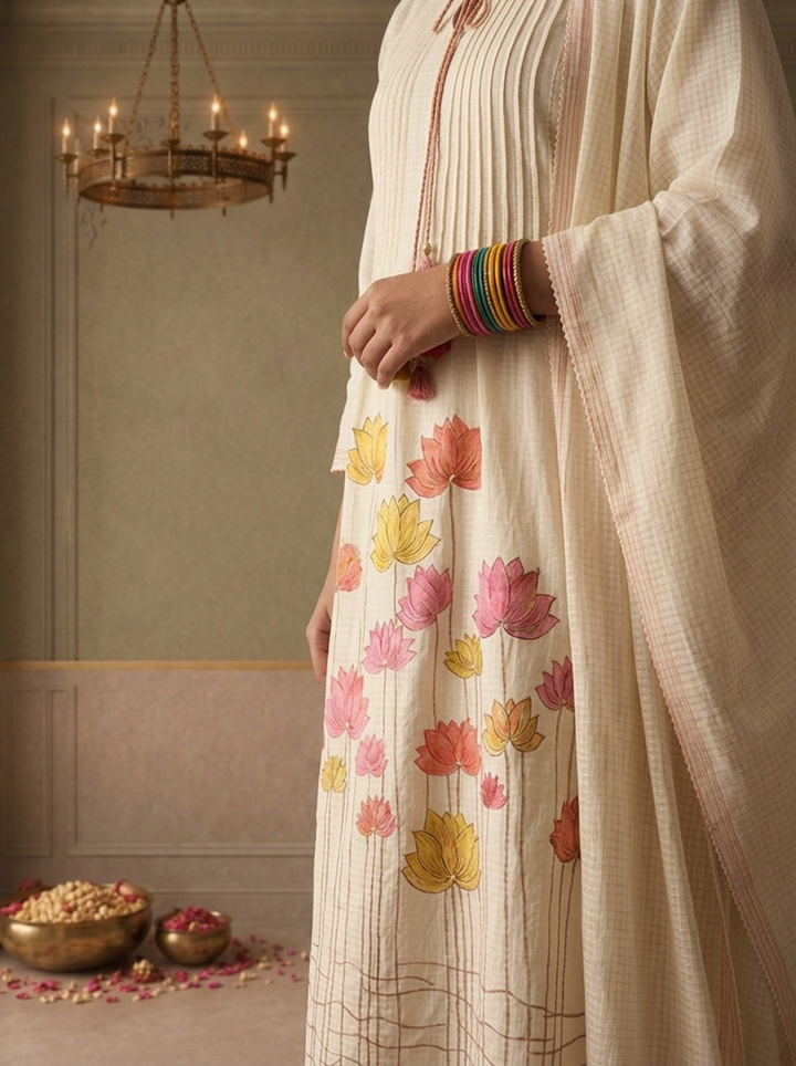 Cream Cotton Multicolor Lotus Floral Embroidered Three Piece Set