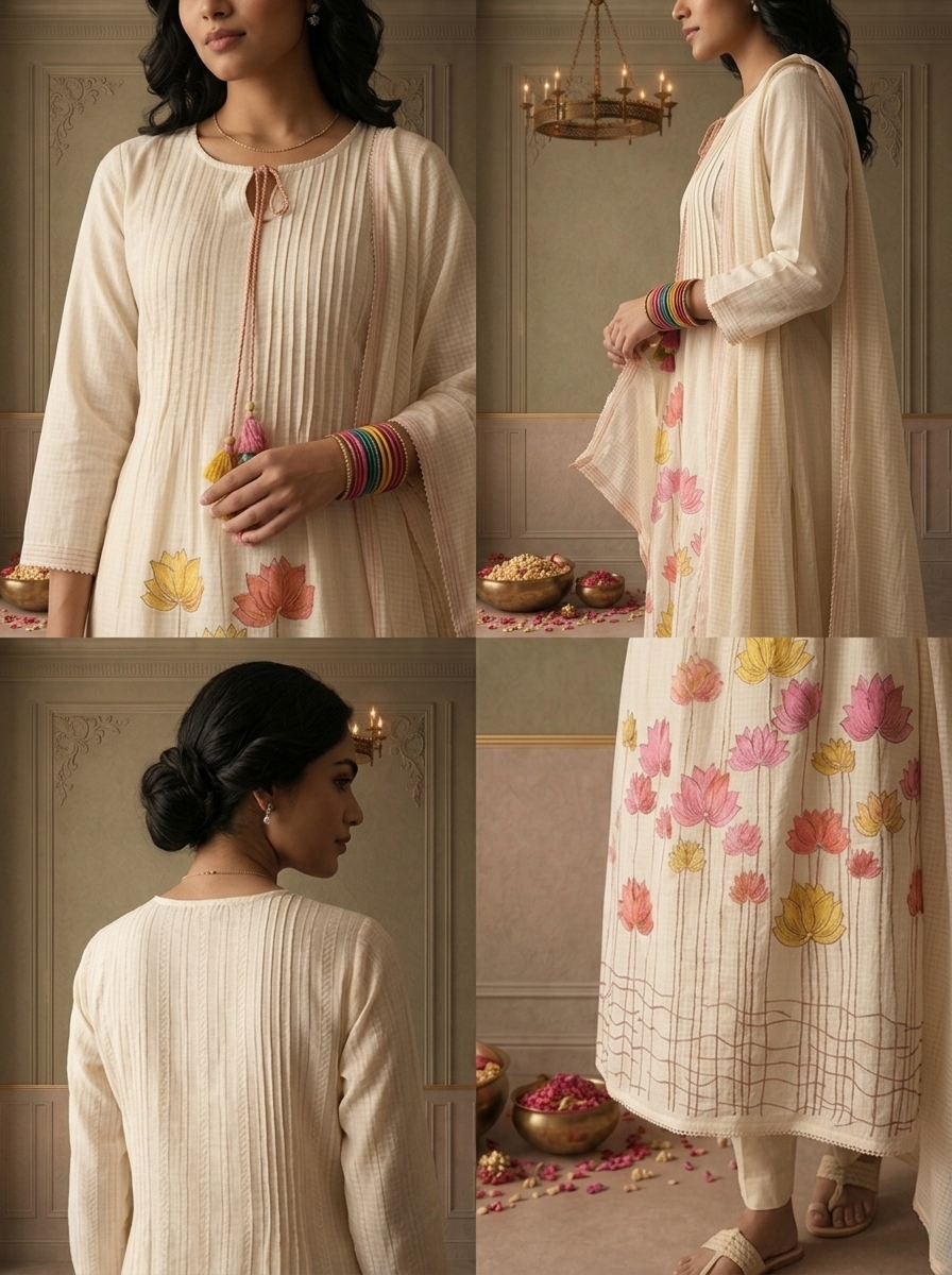Cream Cotton Multicolor Lotus Floral Embroidered Three Piece Set