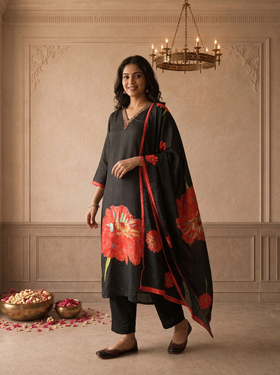 Black Muslin Big Flower Hand-Painted Printed Three Piece Set