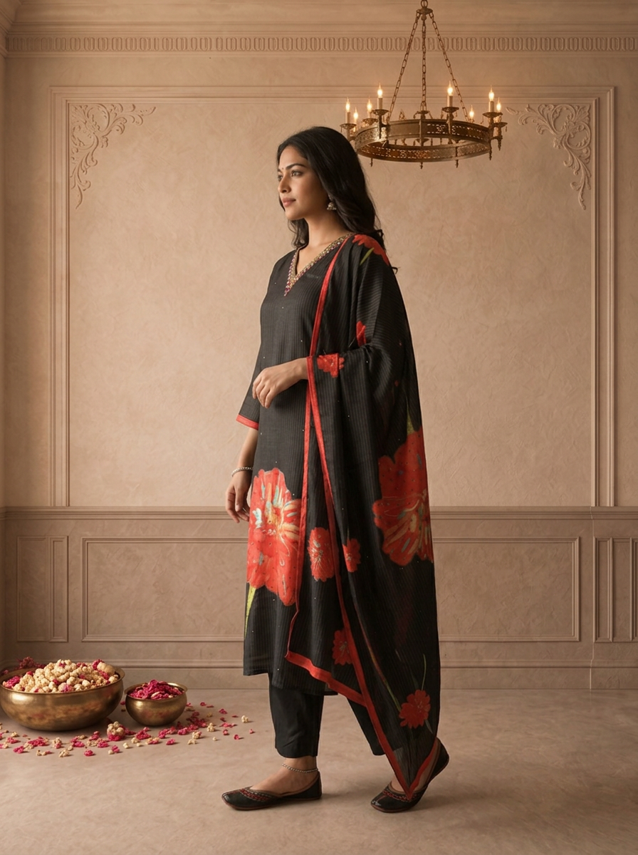 Black Muslin Big Flower Hand-Painted Printed Three Piece Set