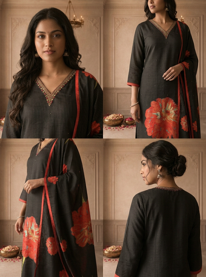 Black Muslin Big Flower Hand-Painted Printed Three Piece Set