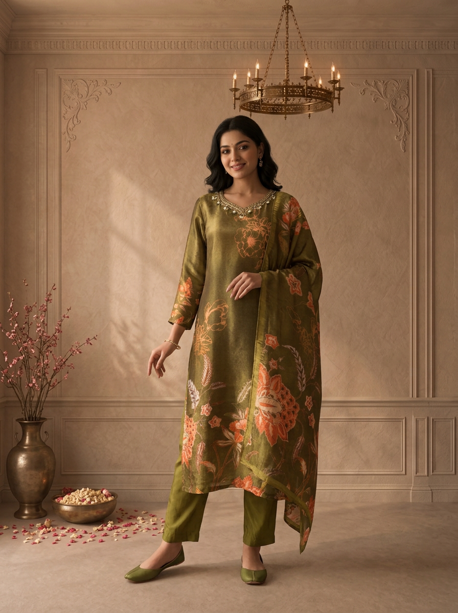 Olive Tissue Floral Digital Printed Three Piece Set