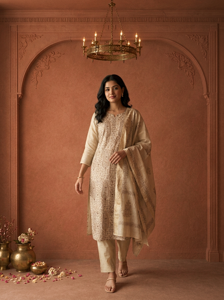 Beige Chanderi Silk Paisley Block Thread Embroidered Three Piece Set