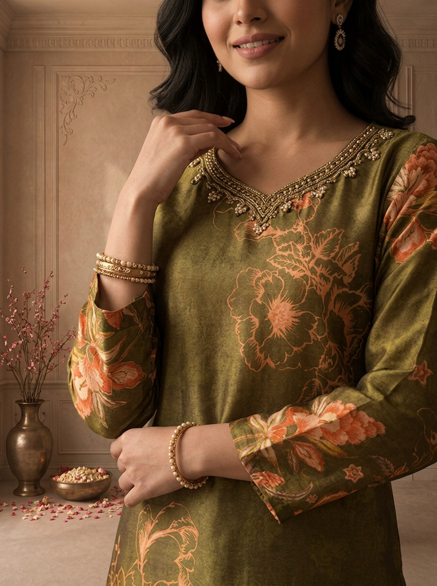Olive Tissue Floral Digital Printed Three Piece Set