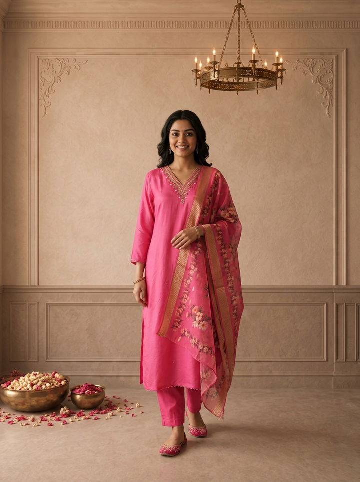 Rani Muslin Solid With Thread Embroidered Three Piece Set