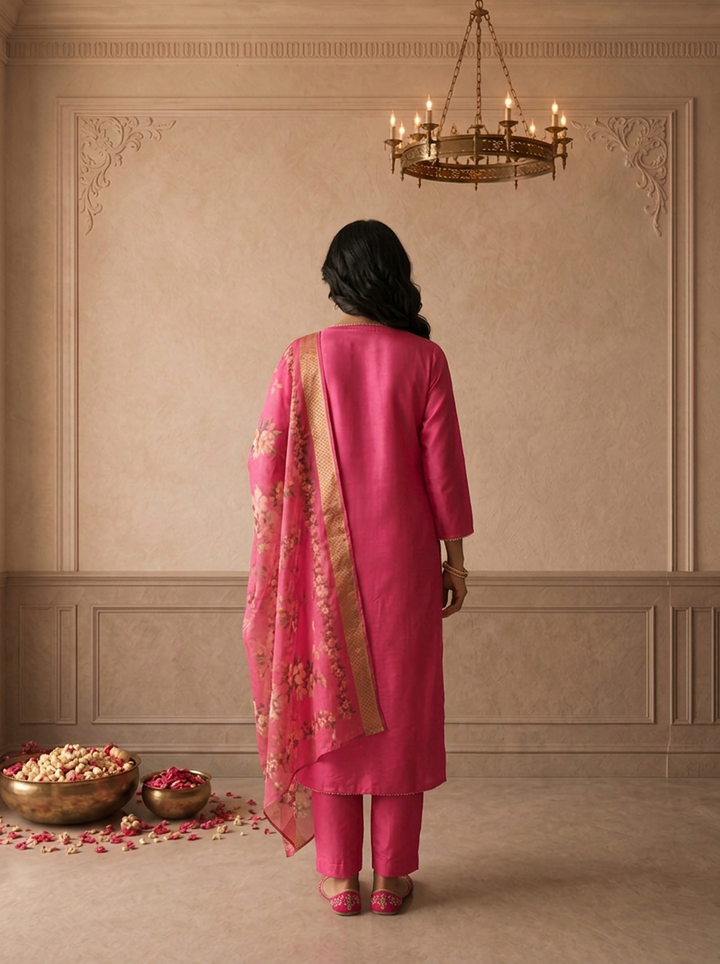 Rani Muslin Solid With Thread Embroidered Three Piece Set