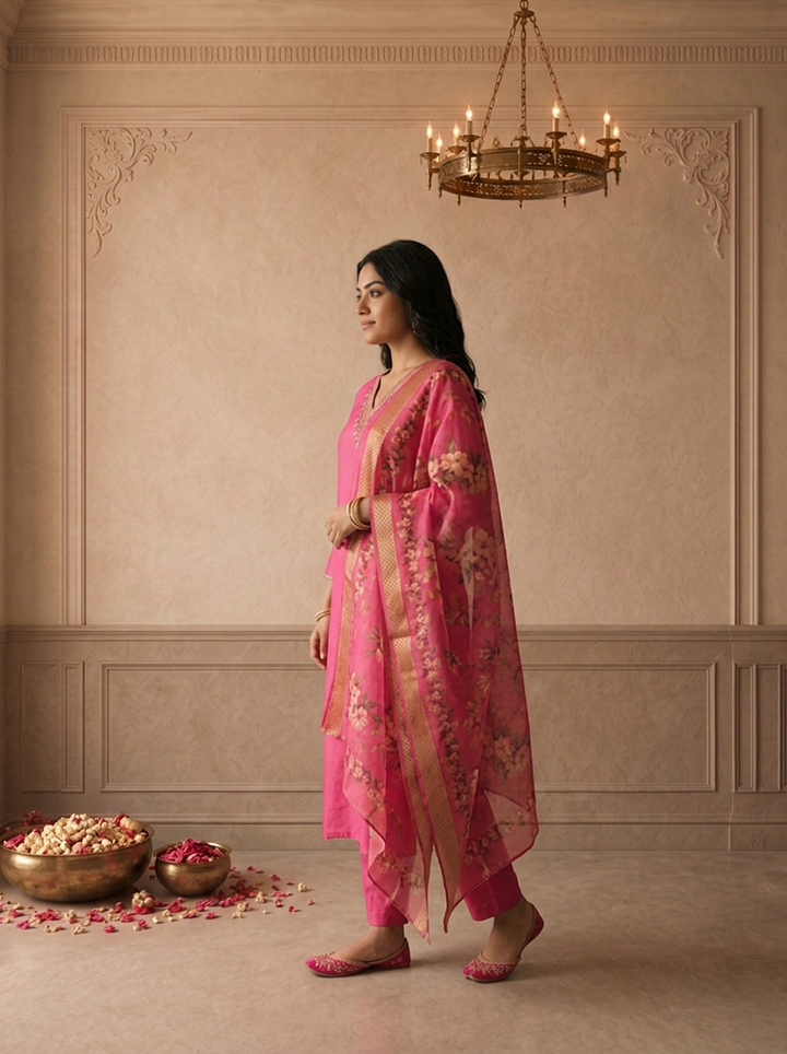 Rani Muslin Solid With Thread Embroidered Three Piece Set