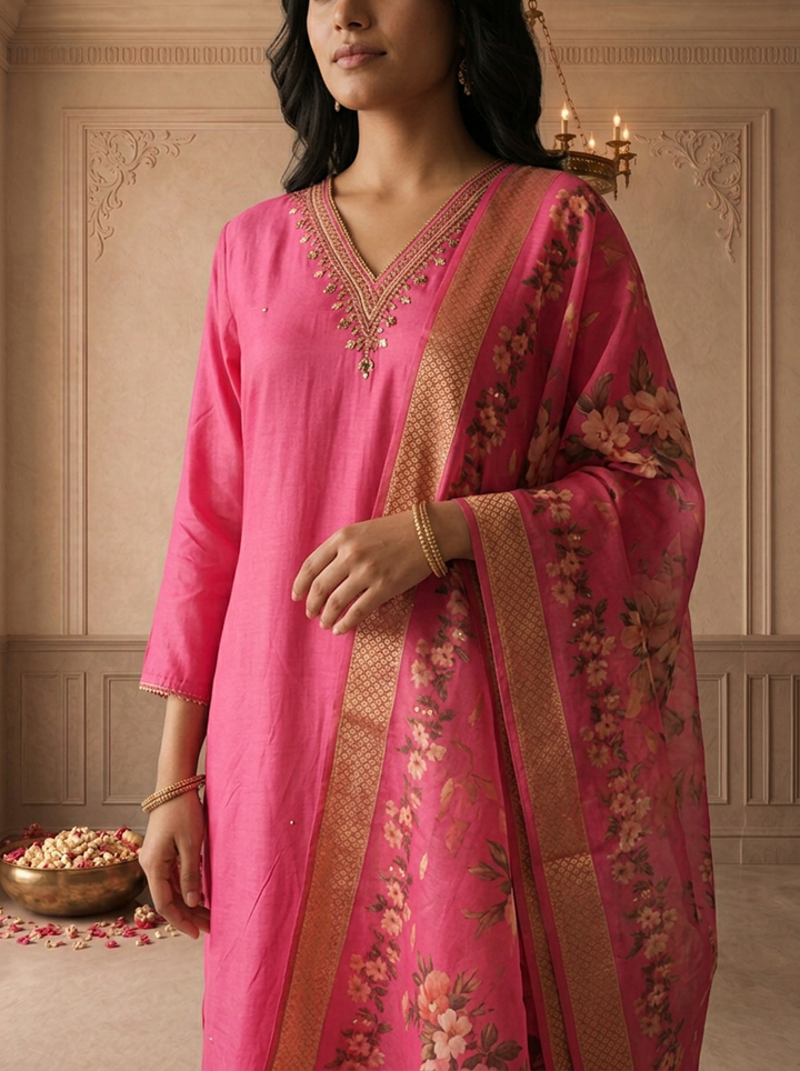Rani Muslin Solid With Thread Embroidered Three Piece Set