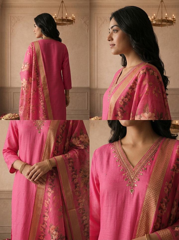 Rani Muslin Solid With Thread Embroidered Three Piece Set