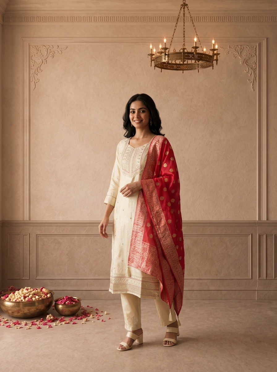 Cream Tissue Floral Weaved Three Piece Set