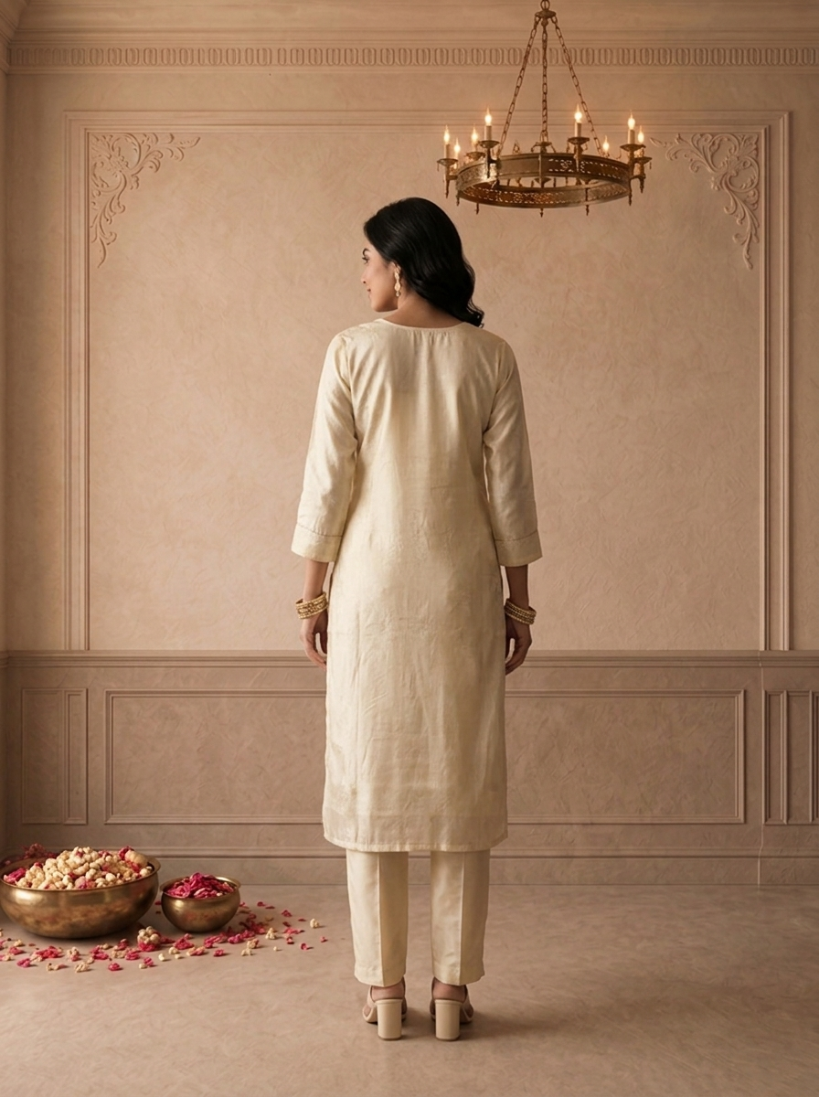 Cream Tissue Floral Weaved Three Piece Set