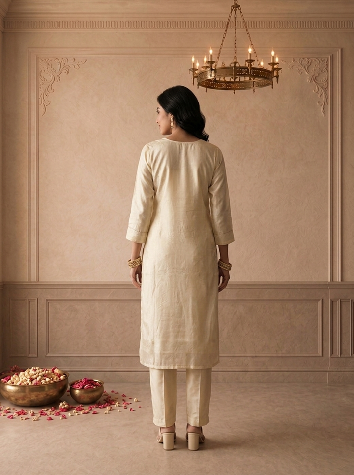 Cream Tissue Floral Weaved Three Piece Set