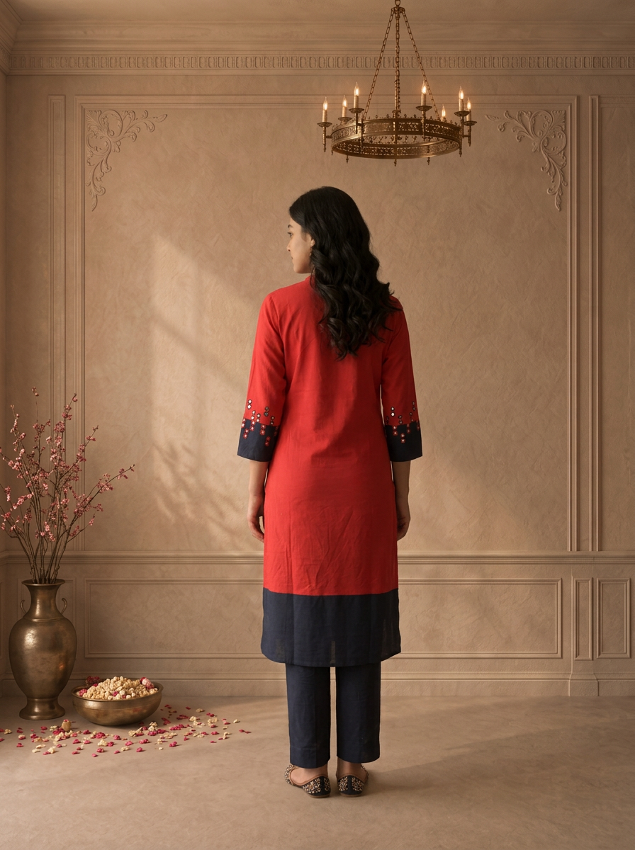 Red Cotton Mirror Work Colour Block Embroidered Two Piece Set