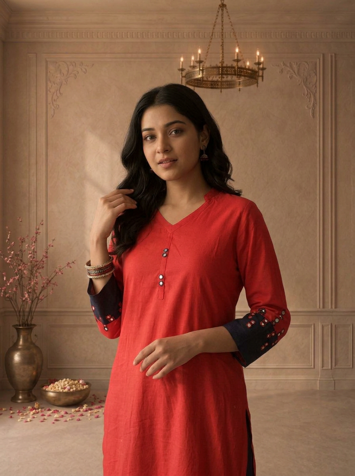 Red Cotton Mirror Work Colour Block Embroidered Two Piece Set