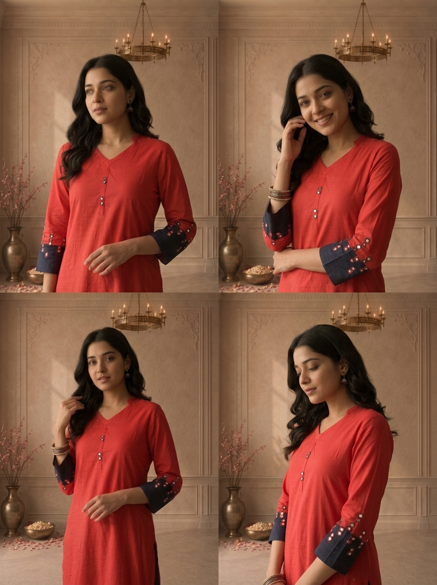 Red Cotton Mirror Work Colour Block Embroidered Two Piece Set