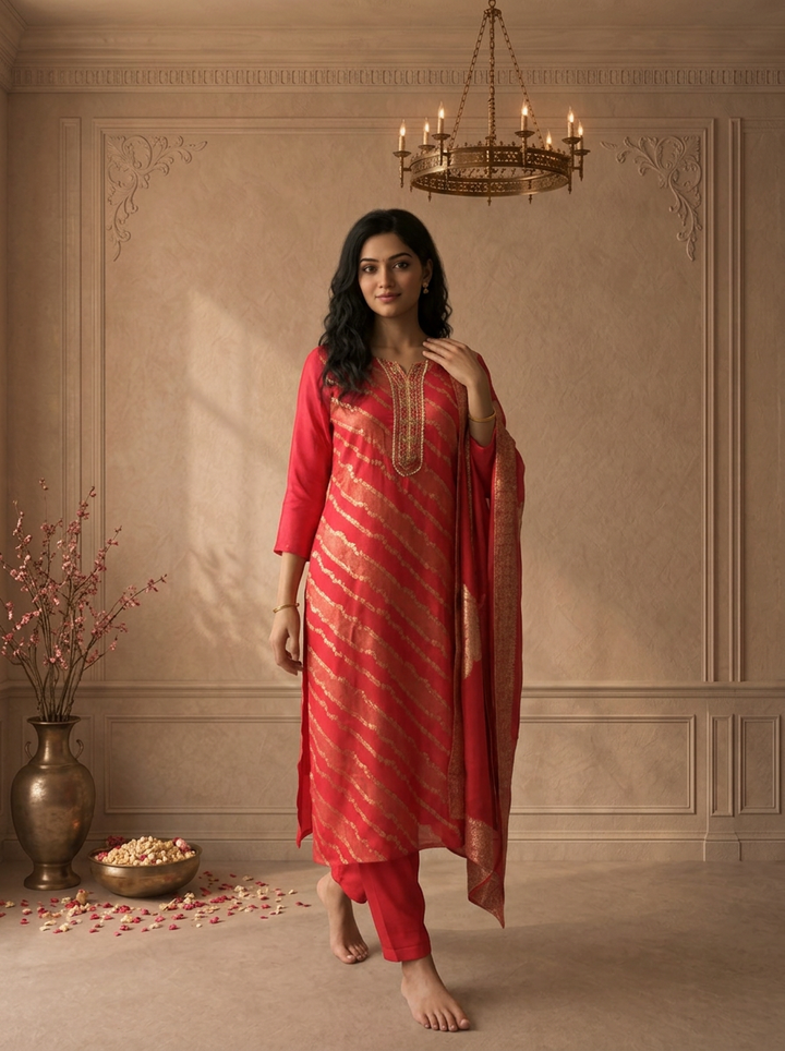Rani Pink Silk Leheriya Striped Weaved Three Piece Set