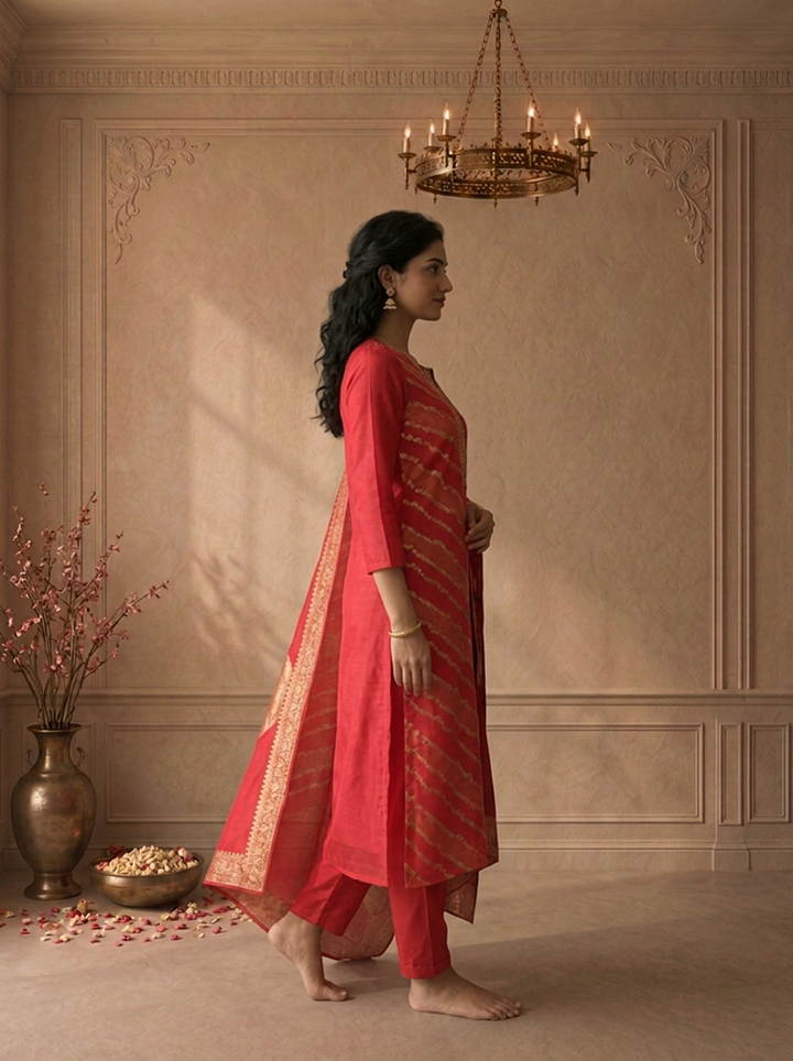 Rani Pink Silk Leheriya Striped Weaved Three Piece Set