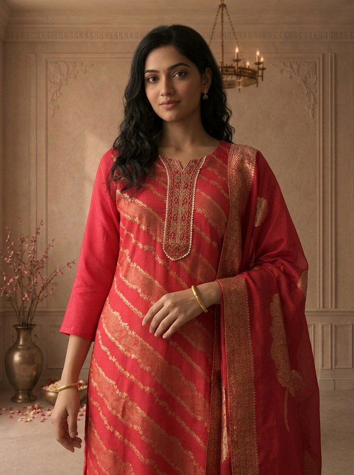 Rani Pink Silk Leheriya Striped Weaved Three Piece Set
