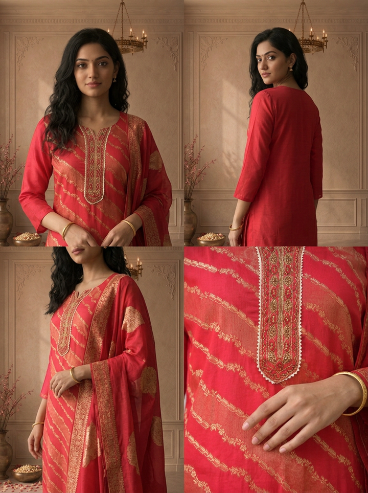 Rani Pink Silk Leheriya Striped Weaved Three Piece Set