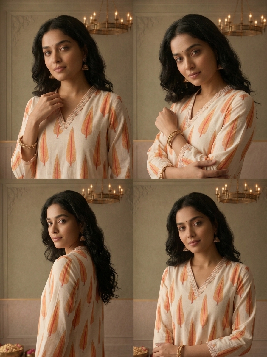 Orange Cotton Cypress Leaf Printed Two Piece Set