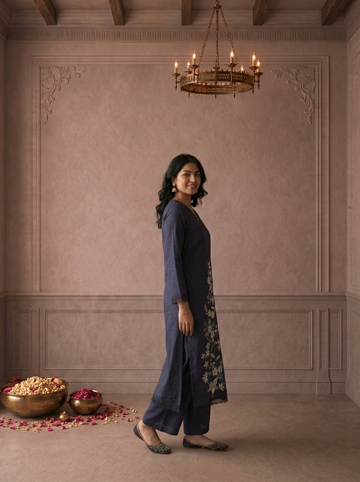 Navy Blue Linen Floral Vine Embroidered Two Piece Set