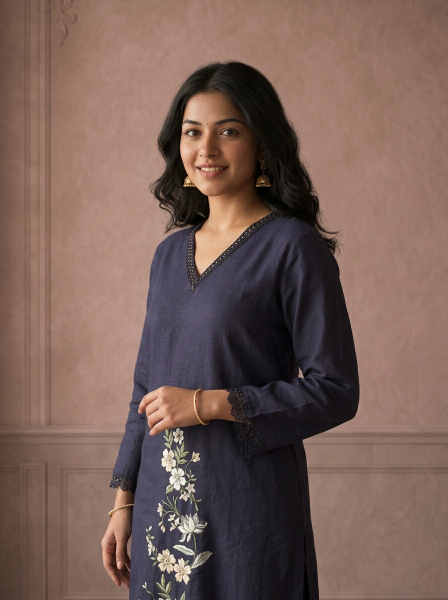 Navy Blue Linen Floral Vine Embroidered Two Piece Set
