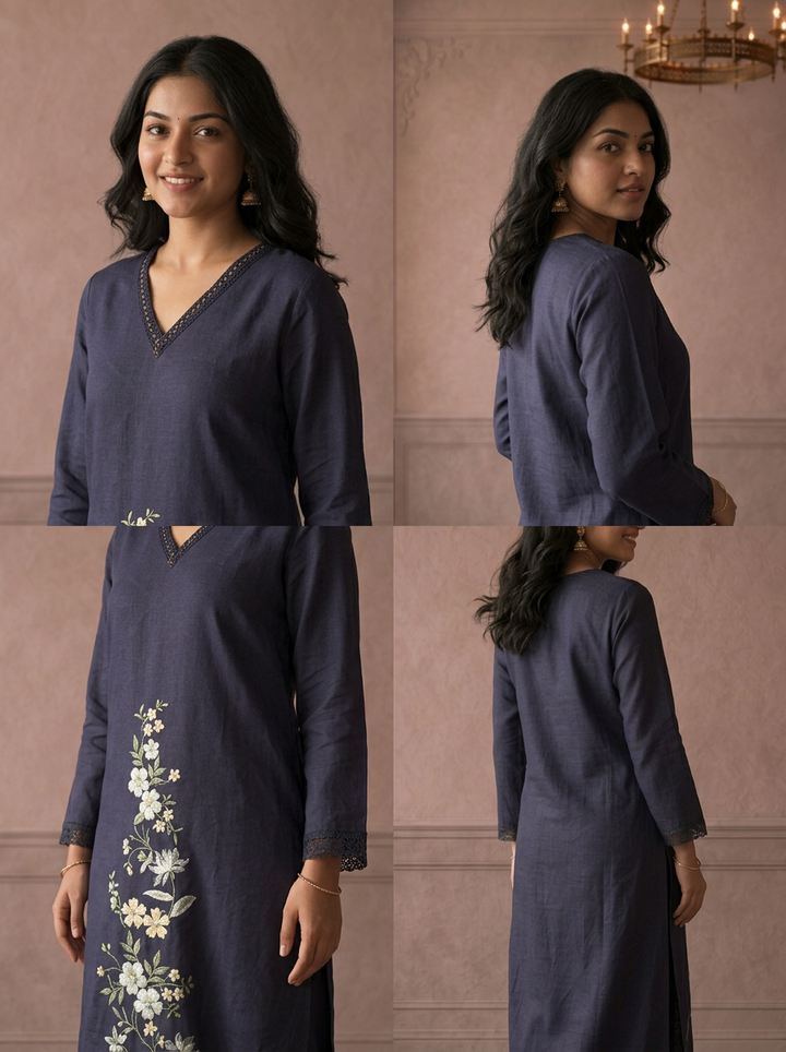 Navy Blue Linen Floral Vine Embroidered Two Piece Set