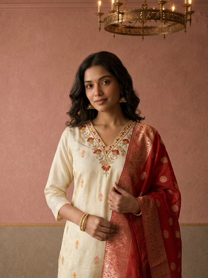 Red Chanderi Silk Ethnic Embroidered Three Piece Set