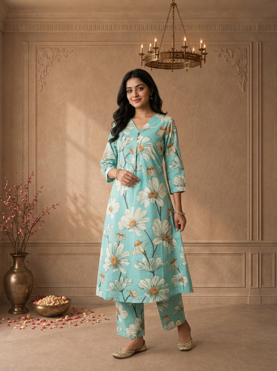 Pista Green Cotton Daisy Floral Printed Two Piece Set