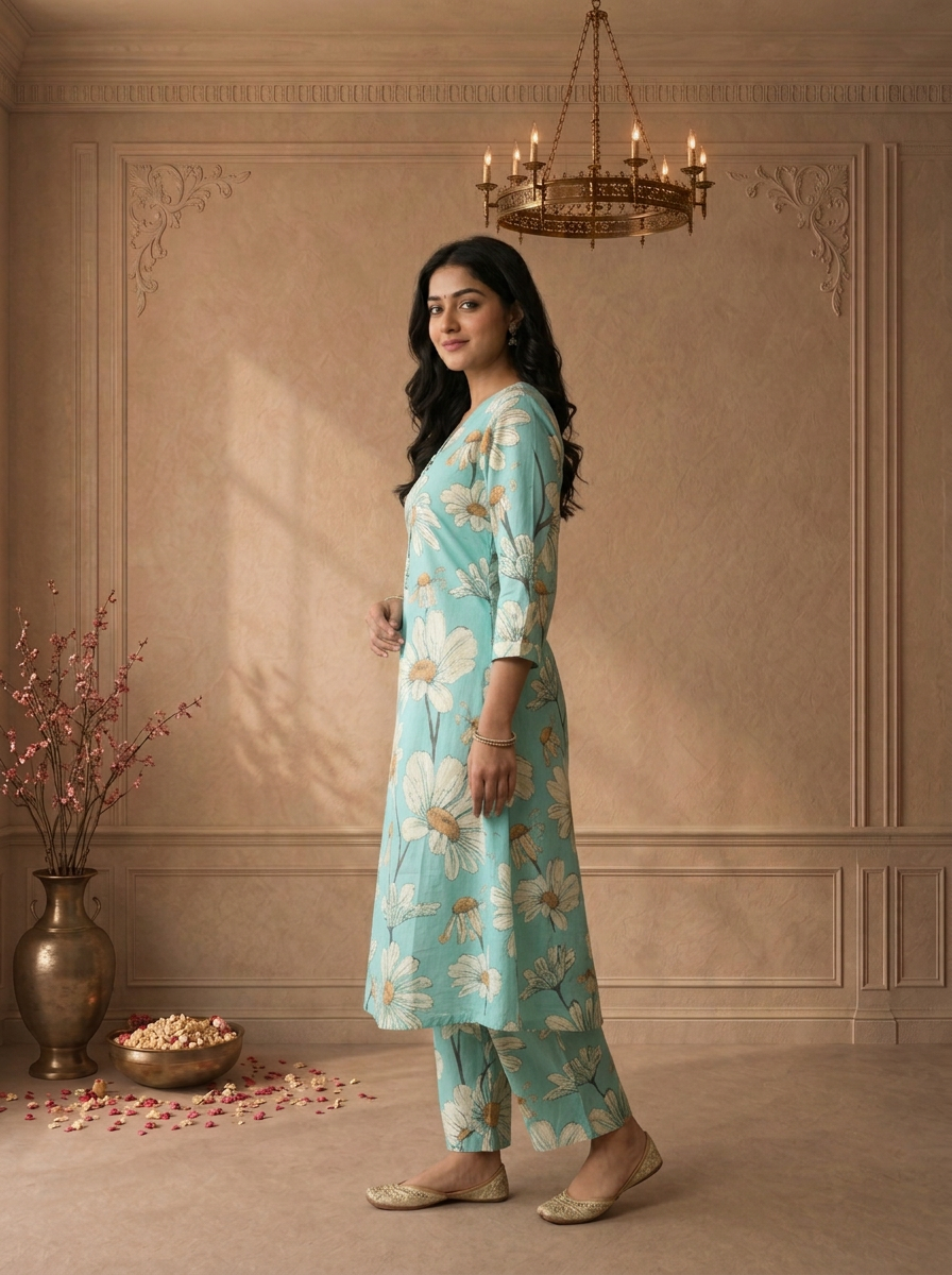 Pista Green Cotton Daisy Floral Printed Two Piece Set