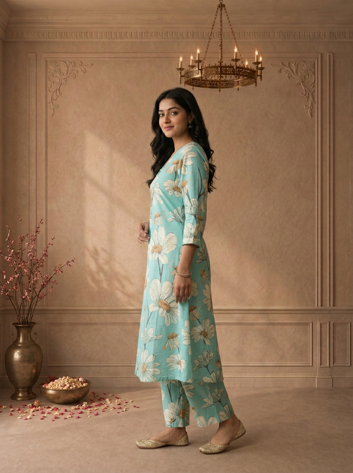 Pista Green Cotton Daisy Floral Printed Two Piece Set