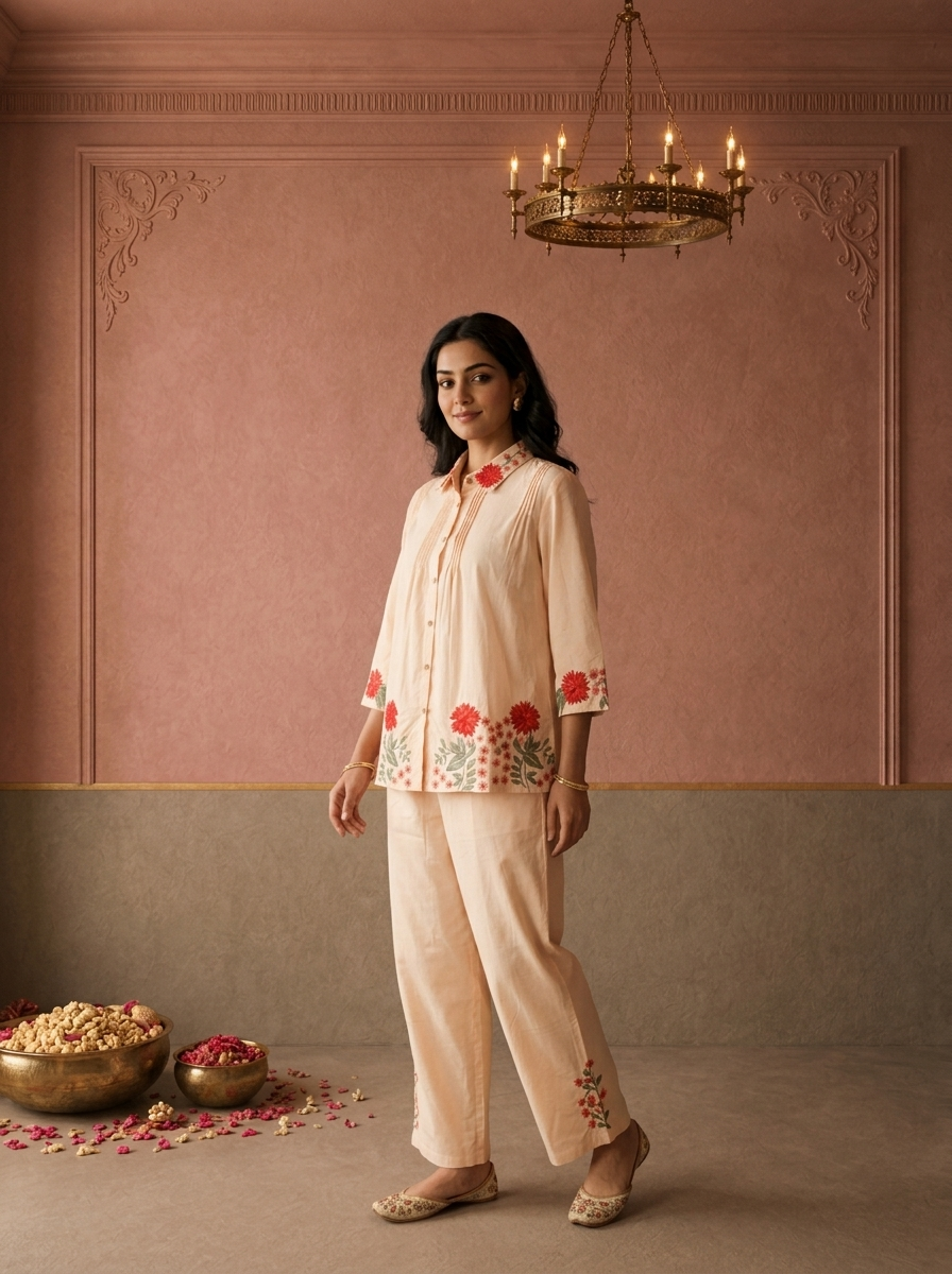 Peach Cotton Floral Thread Embroidered Two Piece Set