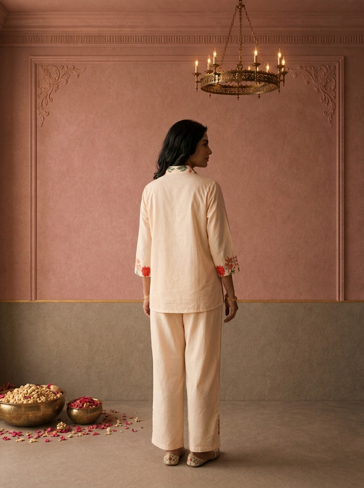 Peach Cotton Floral Thread Embroidered Two Piece Set