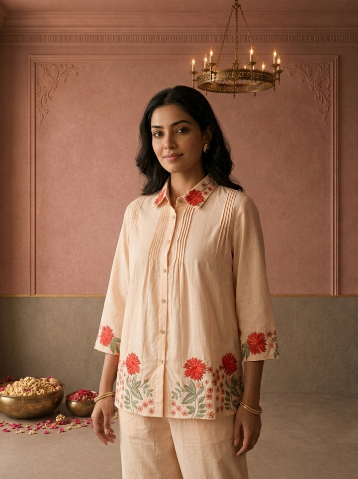 Peach Cotton Floral Thread Embroidered Two Piece Set