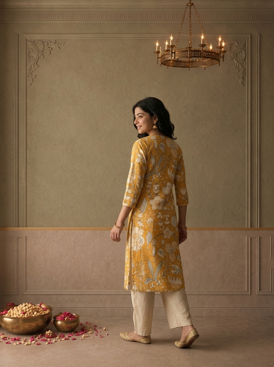 Mustard Cotton Large Floral Chintz Printed Kurta