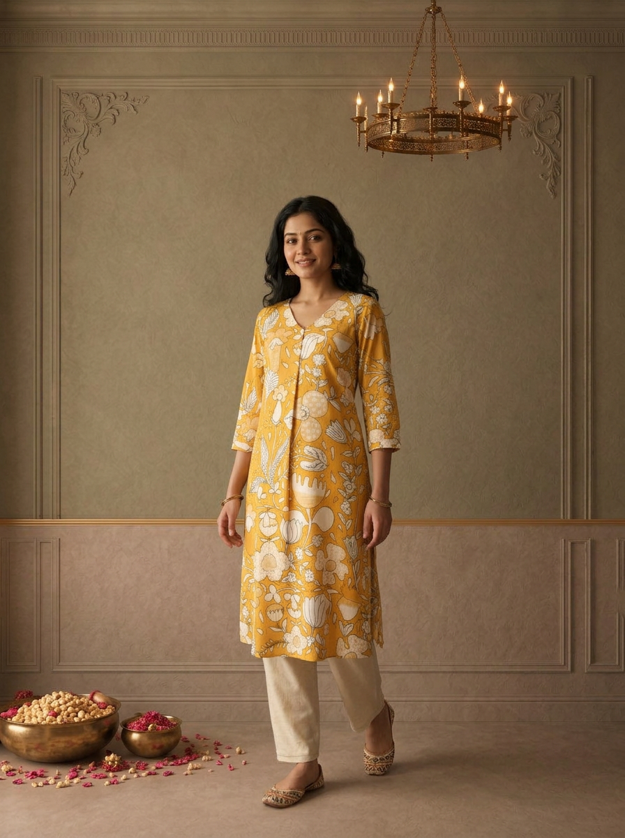 Mustard Cotton Large Floral Chintz Printed Kurta