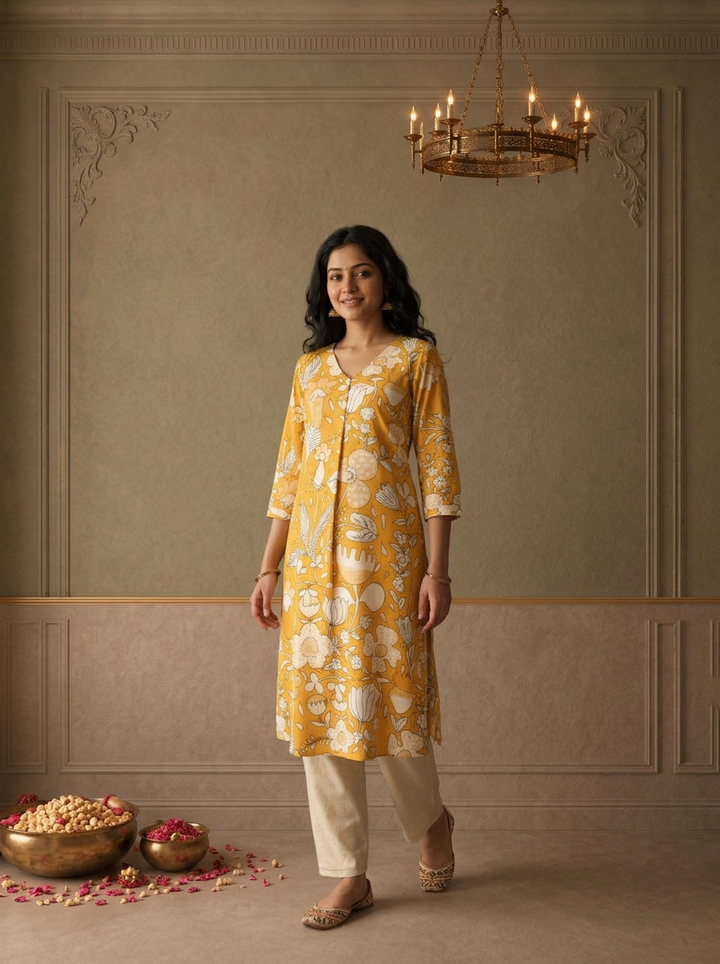 Mustard Cotton Large Floral Chintz Printed Kurta