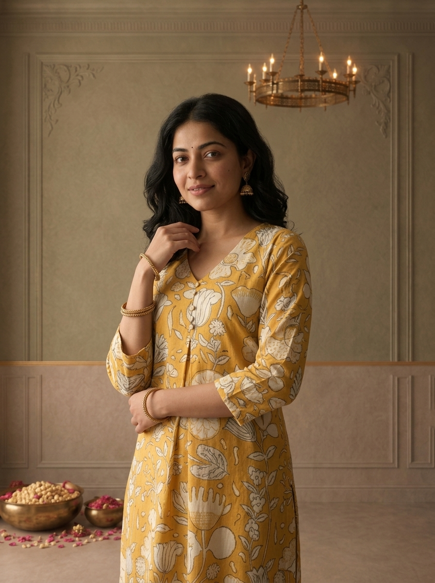 Mustard Cotton Large Floral Chintz Printed Kurta