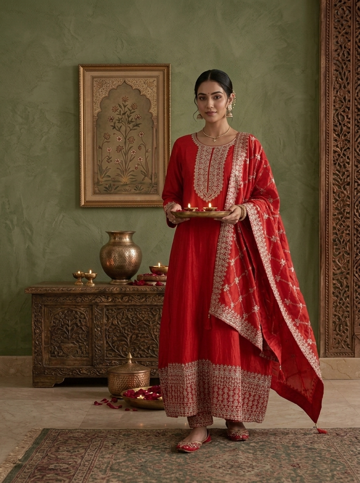 Red Silk Zari Embroidered Three Piece Set