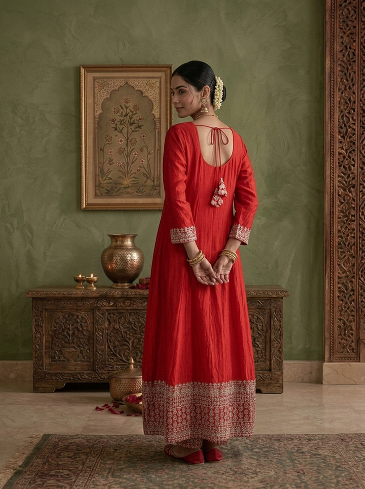 Red Silk Zari Embroidered Three Piece Set