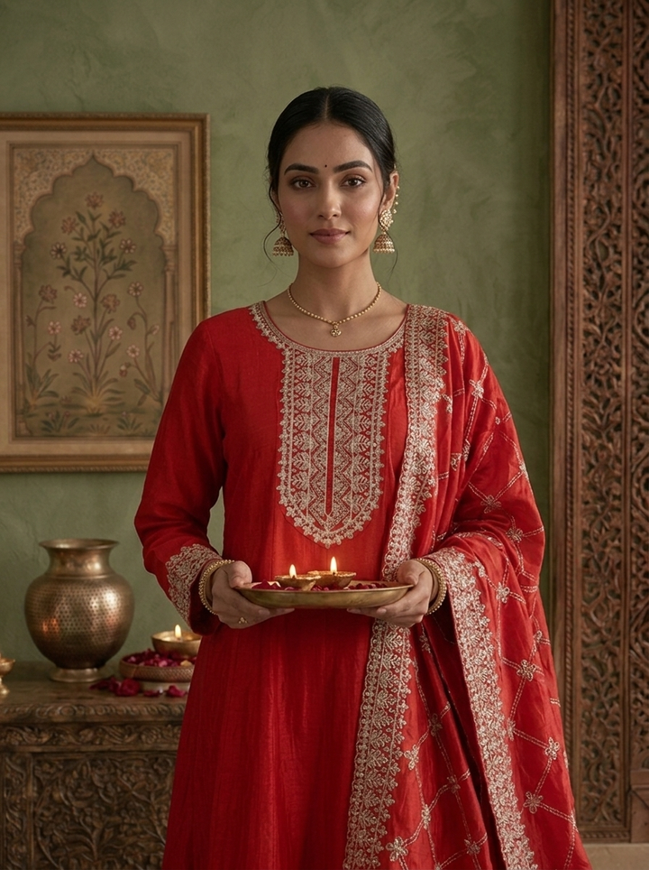 Red Silk Zari Embroidered Three Piece Set