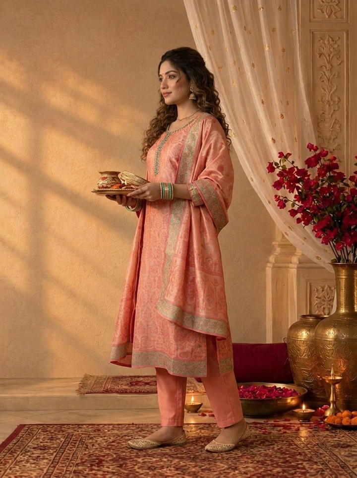 Rani Pink Tissue Zari Mughal Damask Weaved Three Piece Set