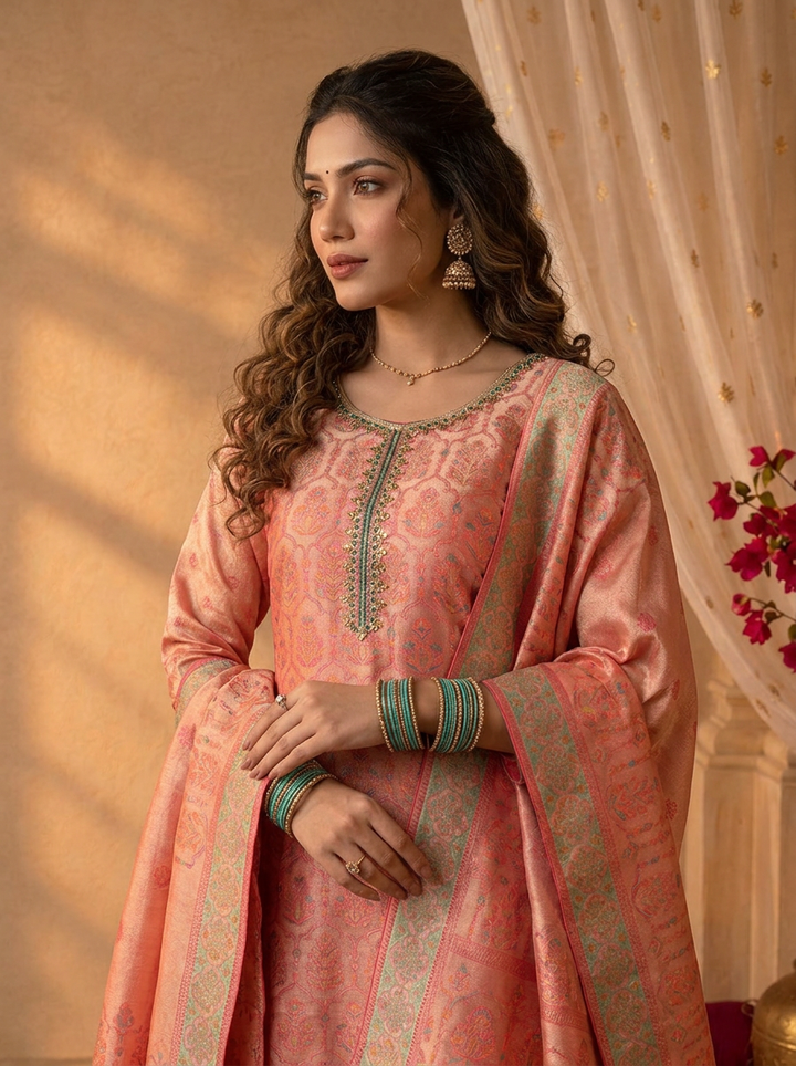 Rani Pink Tissue Zari Mughal Damask Weaved Three Piece Set