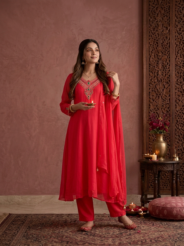 Rani Pink Chinon Zari And Stone Embroidered Three Piece Set