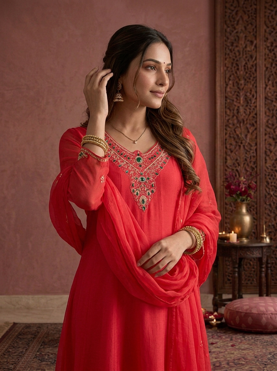 Bright Rani Pink Rani Pink Chinon Zari And Stone Embroidered Three Piece Set – Neerus USA