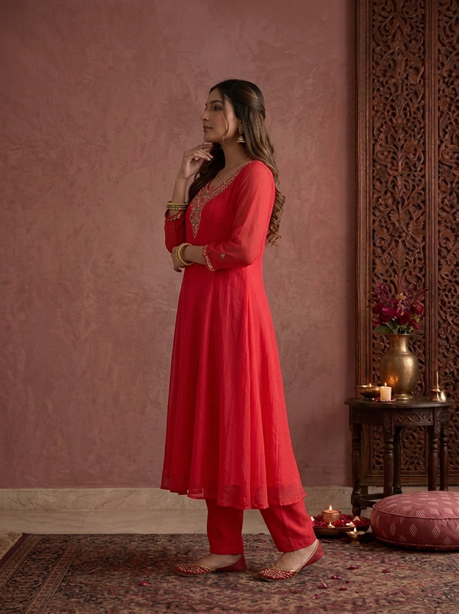 Bright Rani Pink Rani Pink Chinon Zari And Stone Embroidered Three Piece Set – Neerus USA